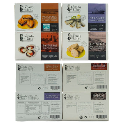 Etiquetas de conservas artesanales de las Rías Gallegas de la caja de regalo gourmet Lola