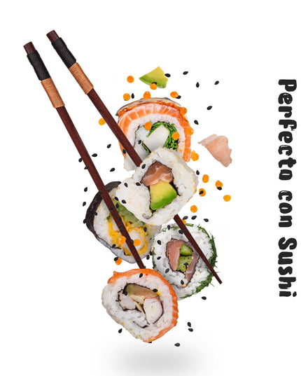 Un plato con sushi y unos palillos chinos de madera para comer, con un mensaje perfecto con sushi