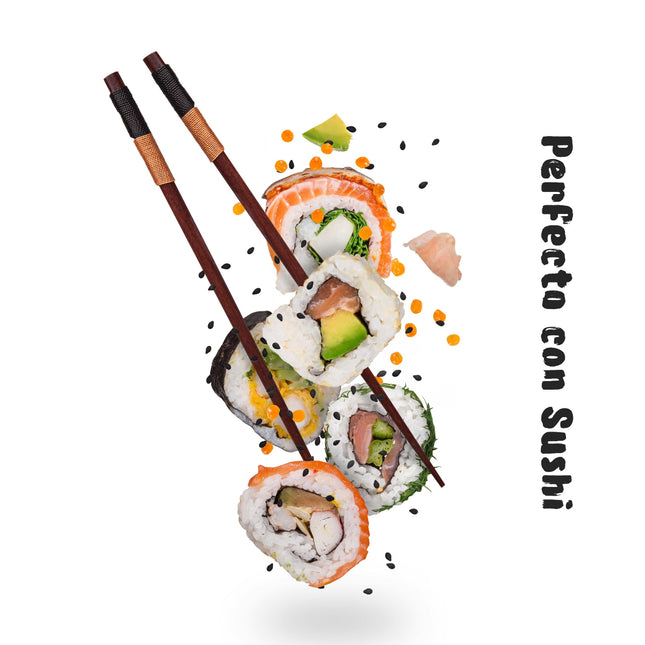 Un plato con sushi y unos palillos chinos de madera para comer, con un mensaje perfecto con sushi