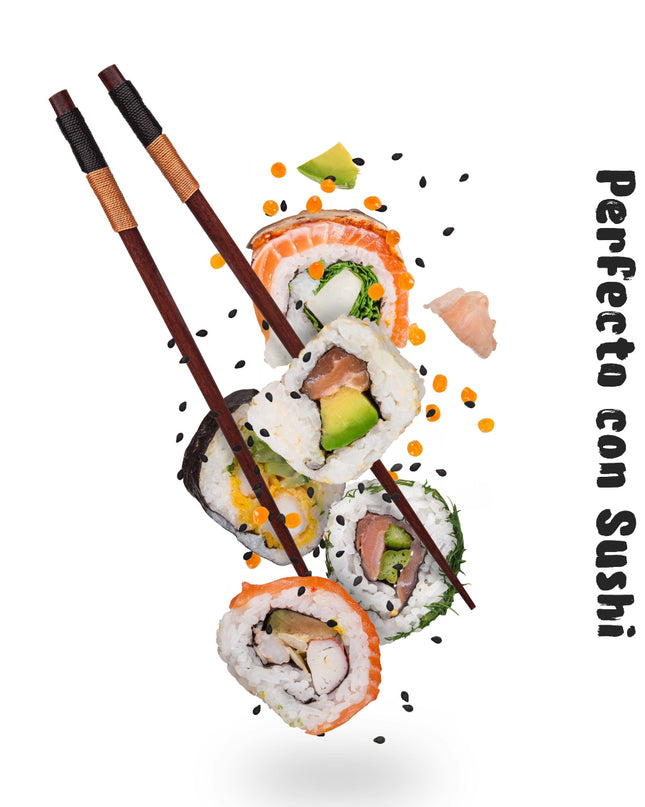 Un plato con sushi y unos palillos chinos de madera para comer, con un mensaje perfecto con sushi