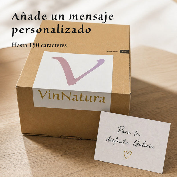 Regalo gourmet VinNatura con tarjeta personalizable, caja preparada para regalar y mensaje de hasta 150 caracteres