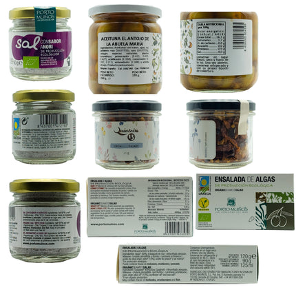 Etiquetas de algas gallegas, sal, aceitunas y cayena de la caja de regalo gourmet con productos gallegos Morriña