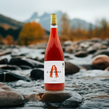 Vino natural rosado natural sobre unas piedras en un río.