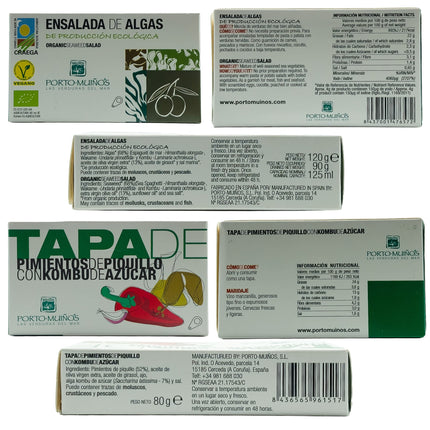 Etiquetas de algas y pimientos del piquillo de la caja gourmet con productos gallegos Ons