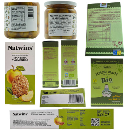 Etiquetas de mariñeiras, galletas de manzana y almendra, y aceitunas de la caja vegana con productos gallegos Onza