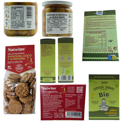 Etiquetas de los productos del pack vegano Onza, dos