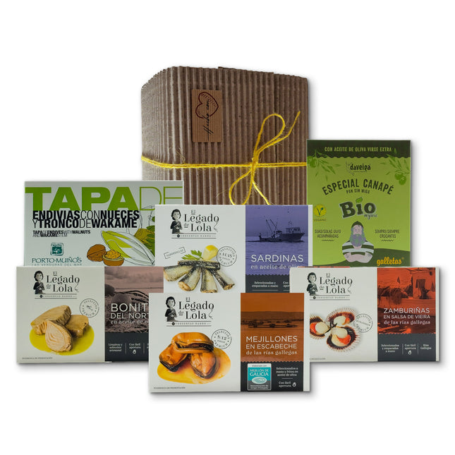 Pack gourmet Albura de VinNatura con conservas artesanales y productos de Galicia