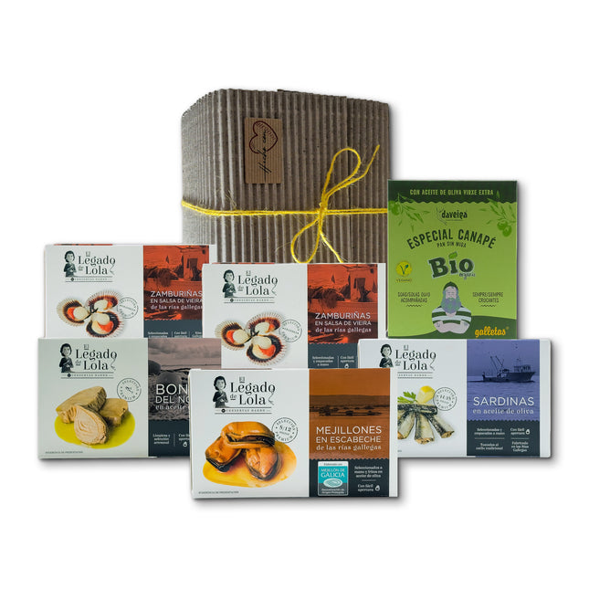Pack Areal de VinNatura con conservas de Galicia, galletas mariñeiras y presentación para regalar