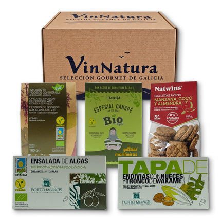Pack vegano Fragas de VinNatura con conservas vegetales y productos gourmet de Galicia