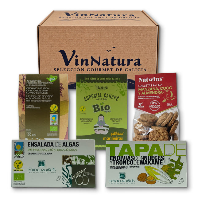 Pack vegano Fragas de VinNatura con conservas vegetales y productos gourmet de Galicia
