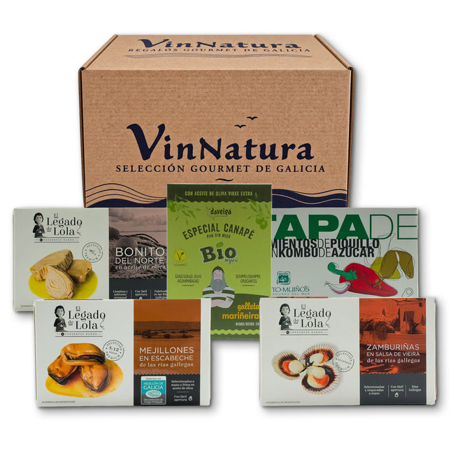 Pack gourmet Moura de VinNatura con conservas artesanales y productos de Galicia