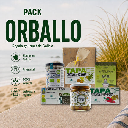 Pack Orballo de VinNatura con selección vegana de algas ecológicas, tapas vegetales, galletas mariñeiras y dulce artesanal