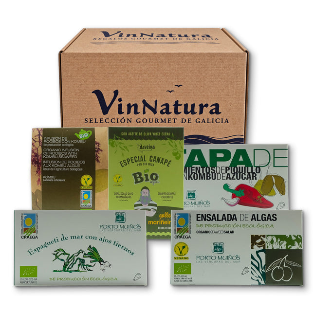 Pack vegano Veiga de VinNatura con conservas vegetales y productos gourmet de Galicia