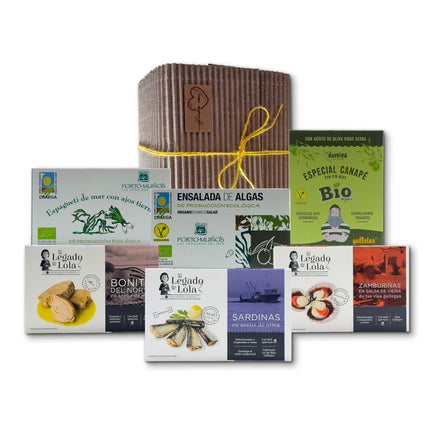 Pack gourmet con conservas artesanales de Galicia, algas Gallegas y pan crujiente. Ideal para regalar, regalo de empresa o disfrutar en buena compañía.