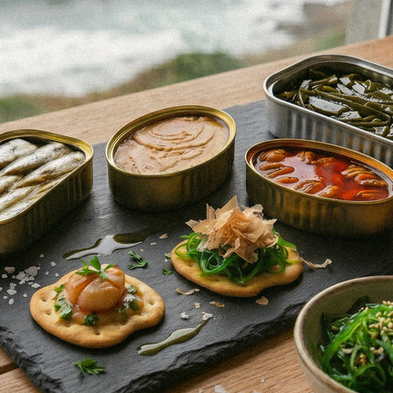 Pack Xabrón de VinNatura servido como aperitivo con conservas gourmet, algas y galletas mariñeiras