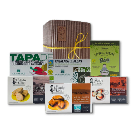 Pack gourmet Xeito con mejillones, zamburiñas, bonito, algas ecológicas y tapas vegetales de Galicia