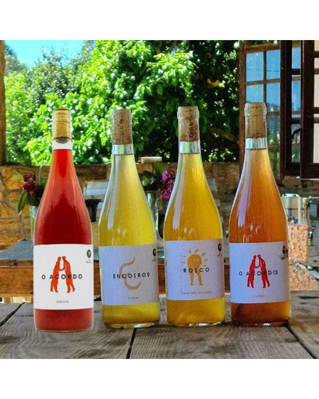 Pack de 4 vinos naturales de Galicia, sobre una mesa en la terraza de la bodega Adega do Vimbio en las Rías Baixas.