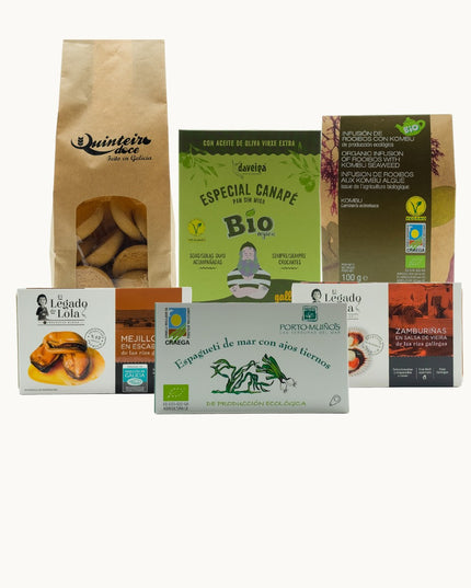 Pack de tapas premium de Galicia, con galletas de mantequilla y té rooibos.