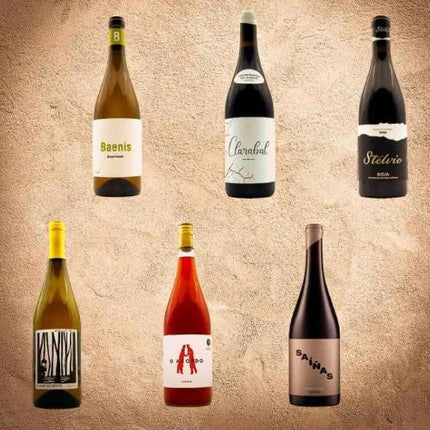 Una selección de 6 vinos de España, 2 vinos tintos Mencía de Galicia, 1 tempranillo, 2 blancos y un rosado Gallegos.