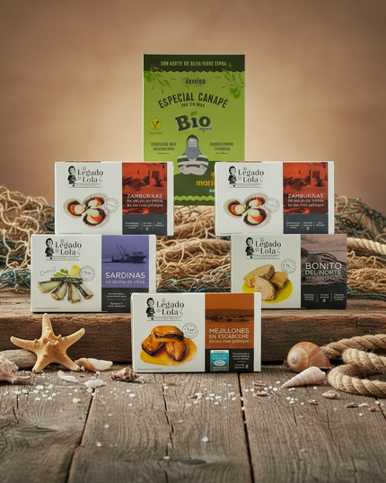 Un bodegon marinero de el pack de conservas zamburiñas y mar