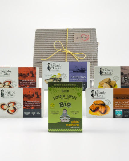 Pack gourmet con conservas artesanales de Galicia, con doble ración de zamburiñas de las Rías Baixas Ideal para regalar, regalo de empresa o disfrutar en buena compañía.