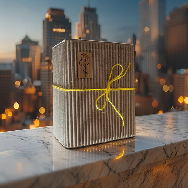 Pack de regalo Gourmet con conservas artesanales Gallegas en la terraza de un rascacielos