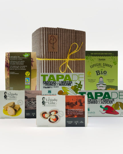 Pack gourmet con conservas artesanales de Galicia, tapas vegetales, y te rooibos. Ideal para regalar, regalo de empresa o disfrutar en buena compañía.