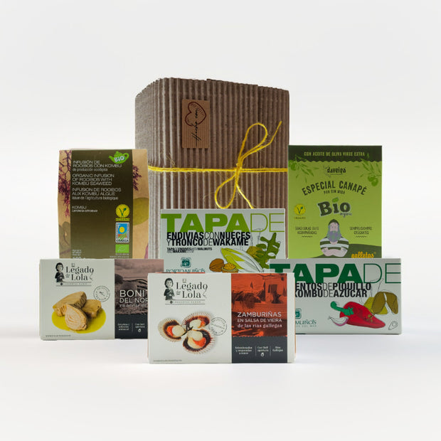 Pack gourmet con conservas artesanales de Galicia, tapas vegetales, y te rooibos. Ideal para regalar, regalo de empresa o disfrutar en buena compañía.