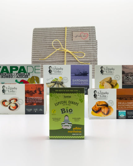 Pack gourmet con conservas artesanales de Galicia, ideal para regalar, regalo de empresa o disfrutar en buena compañía.
