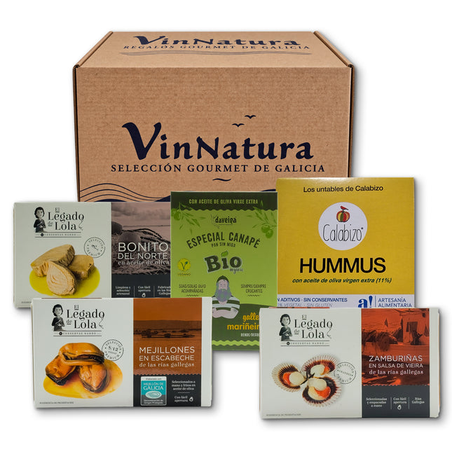 Pack gourmet Moura de VinNatura con conservas artesanales y productos de Galicia