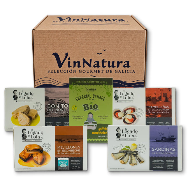 Pack gourmet Salitre de VinNatura con conservas artesanales y productos de Galicia