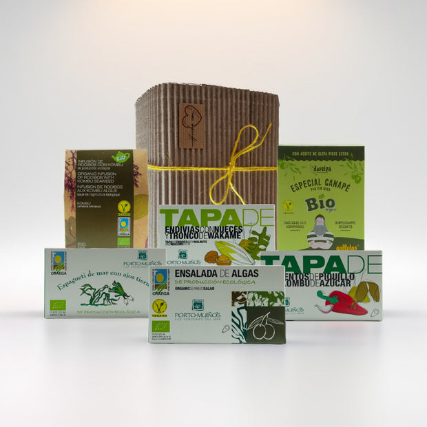 Pack Vegano para regalar con algas ecológicas, tapas con pimientos del piquillo y endivias, te rooibos y galletas mariñeiras. Ideal como regalo de empresa vegano, o para disfrutar en buena Compañía.