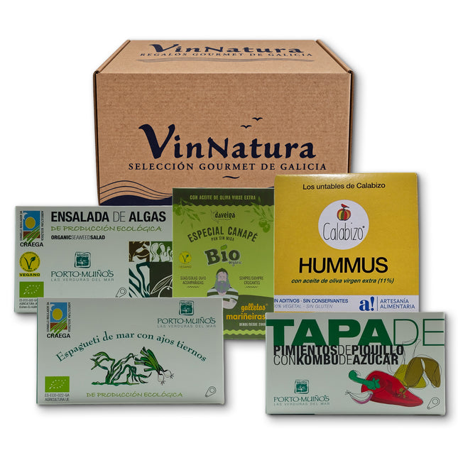 Pack vegano Veiga de VinNatura con conservas vegetales y productos gourmet de Galicia