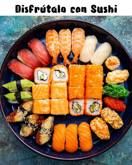 Un fuente con sushi, con un texto para maridarlo con Roico un vino naranja