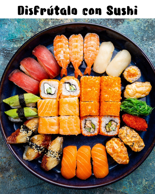 Un fuente con sushi, con un texto para maridarlo con Roico un vino naranja