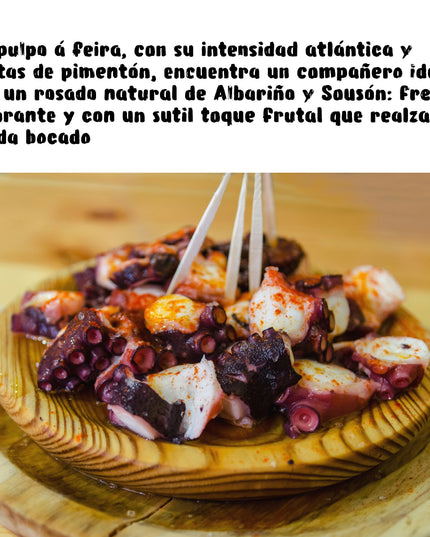 Un pulpo Gallego estilo feira en un plato redondo de madera con unos palillos, con un texto de un maridaje de albariño rosado natural Gallego