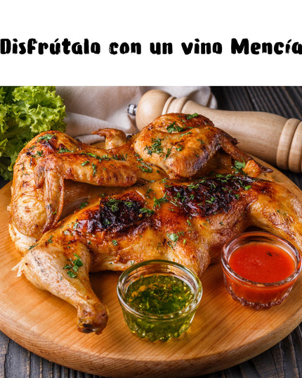 Un pollo asado con un texto para maridarlo con un vino tinto de Mencía de Galicia