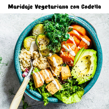 Un plato vegano con un texto para maridarlo con un vino blanco de Godello
