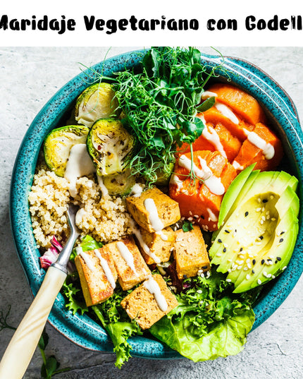 Un plato vegano con un texto para maridarlo con un vino blanco de Godello