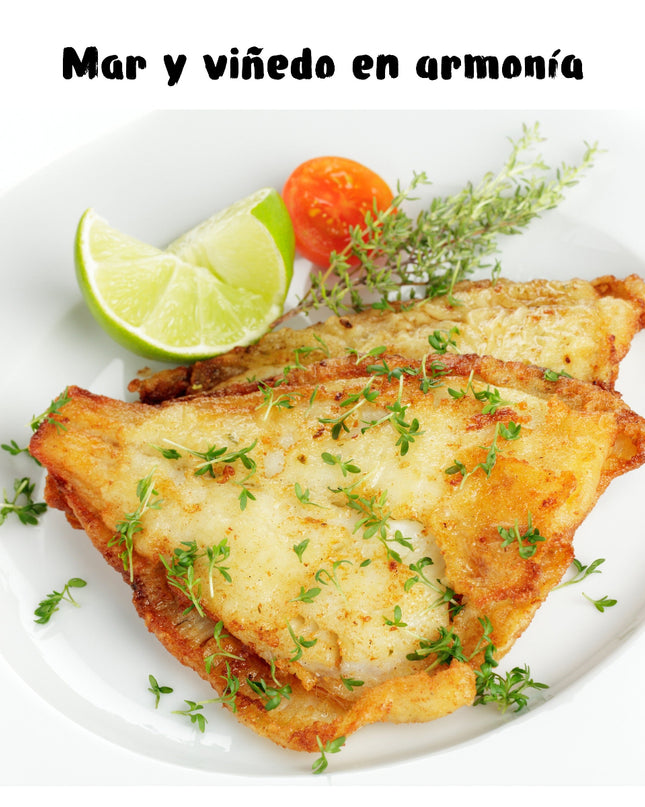 Un filete de pescado a la plancha con limón y ramas de tomillo, con un texto mar y viñedo en armonía