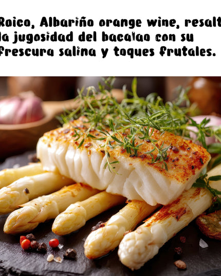 Un lomo de bacalao sobre espárragos blancos, con un texto de un maridaje de albariño natural Roico