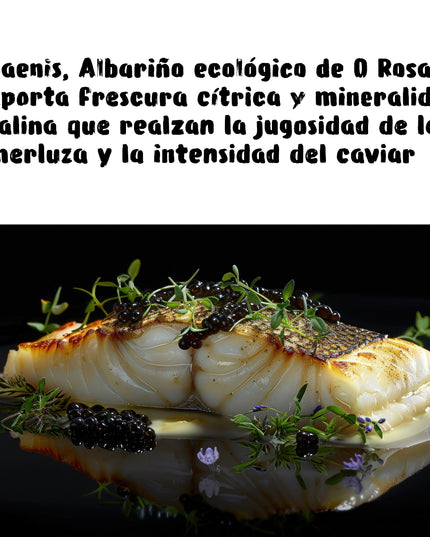 Un lomo de merluza sobre un plato con la reflección del pescado, adornado con flores e hierbas, un texto para un maridaje con un albariño ecológico de Galicia