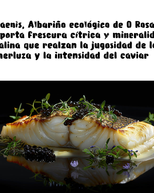 Un lomo de merluza sobre un plato con la reflección del pescado, adornado con flores e hierbas, un texto para un maridaje con un albariño ecológico de Galicia