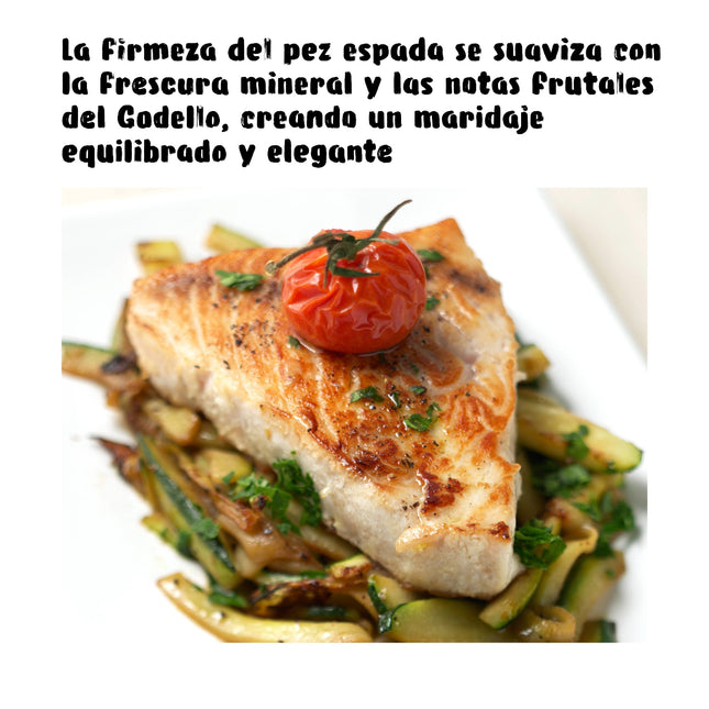 Un lomo de pez espada sobre un plato con verduras asadas y un tomate encima, un texto para un maridaje con un vino Godello ecológico de Galicia