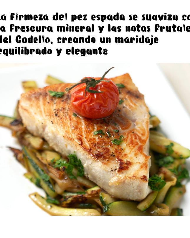 Un lomo de pez espada sobre un plato con verduras asadas y un tomate encima, un texto para un maridaje con un vino Godello ecológico de Galicia