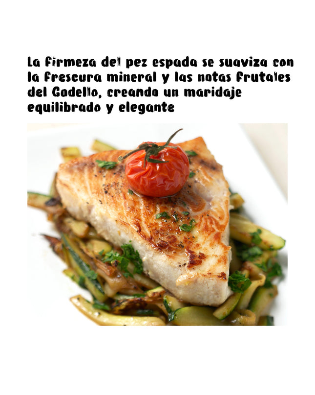 Un lomo de pez espada sobre un plato con verduras asadas y un tomate encima, un texto para un maridaje con un vino Godello ecológico de Galicia