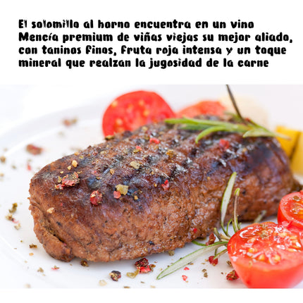 Un solomillo servido en un plato con rodajas de tomate y romero, con un texto de un maridaje de Mencía premium de viñas viejas Gallego o Bierzo