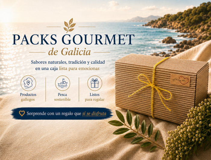 Banner cuadrado Packs Gourmet de Galicia. Sabores naturales, tradición y calidad en un pack de regalo gourmet