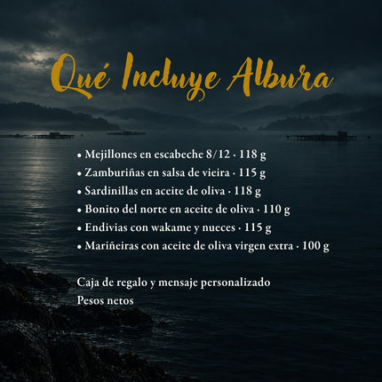 Contenido del pack Albura de VinNatura con conservas gourmet