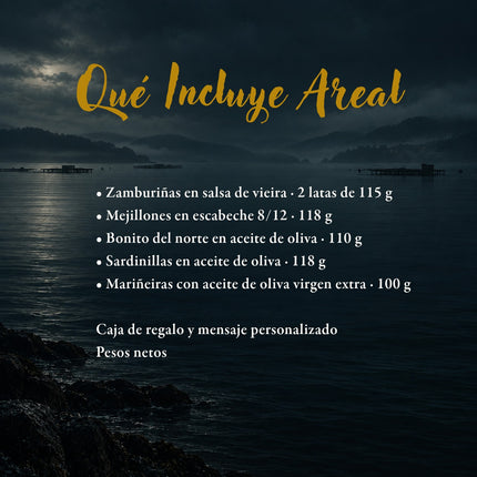 Contenido del pack Areal de VinNatura con conservas gourmet